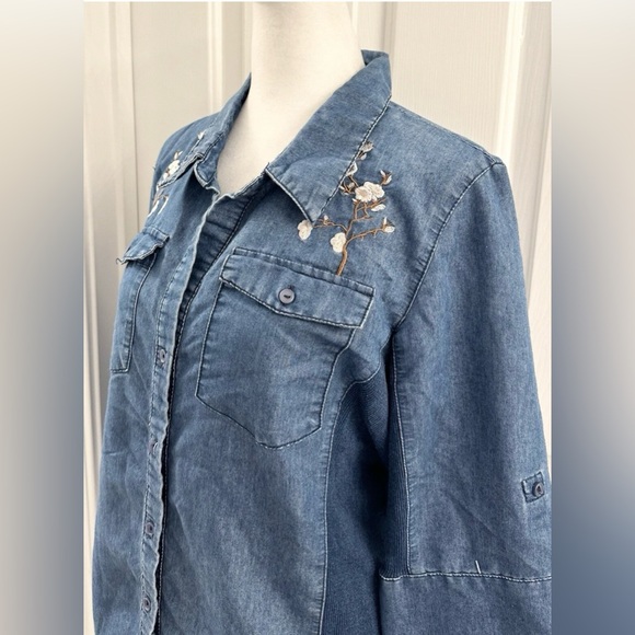CAVALINI Women Denim Collection‎ Shirt Embroider Flowers 3/4 Sleeve Blue Denim L - Picture 2 of 8